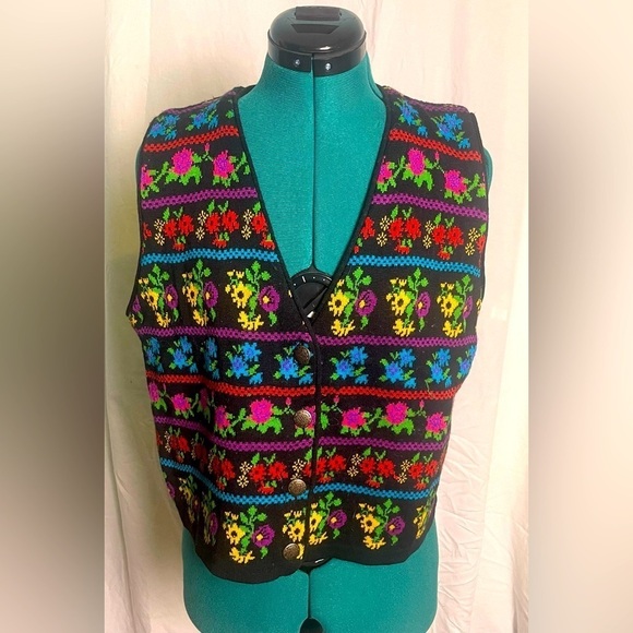 Vintage Carole Little Sport Knit Floral Vest Women’s Large Button Front - Picture 1 of 4
